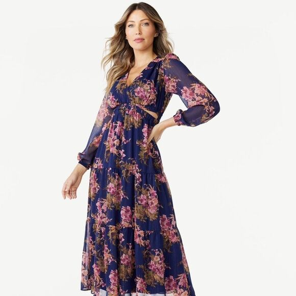 SOFIA Vergara Navy & Pink Flowers Maxi-Dress, Cut-outs at Waist Size Medium NWT - Picture 1 of 14